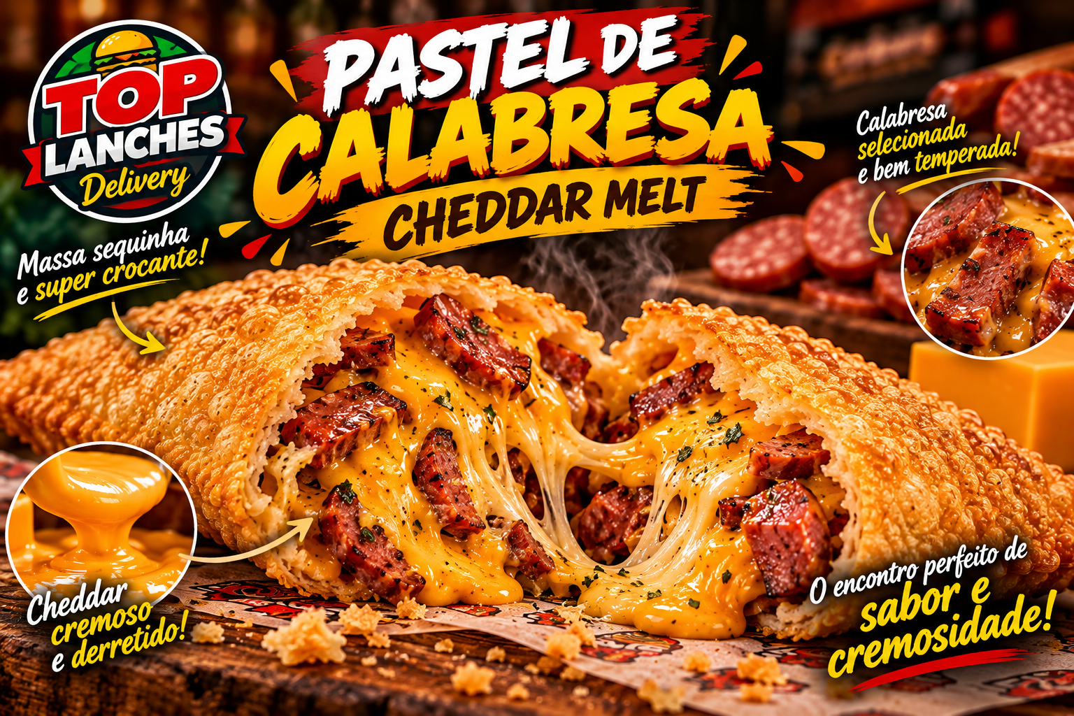pastel Calabresa Cheddar Melt & Cream Cheese