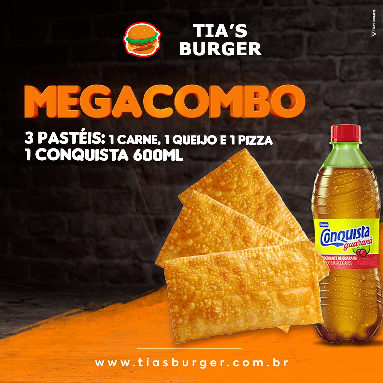 Combo 1 pastel de carne+ 1 pastel de queijo+1 pastel de pizza + conquista de 600ml