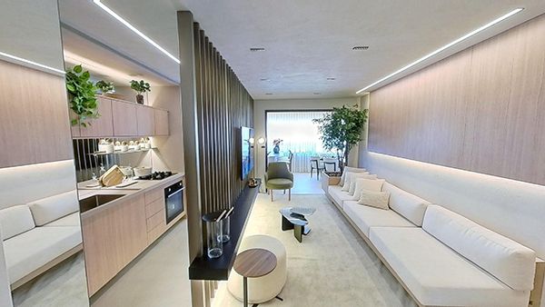 Imagem do decorado do apartamento com varanda do Arq Life Design Botafogo. 