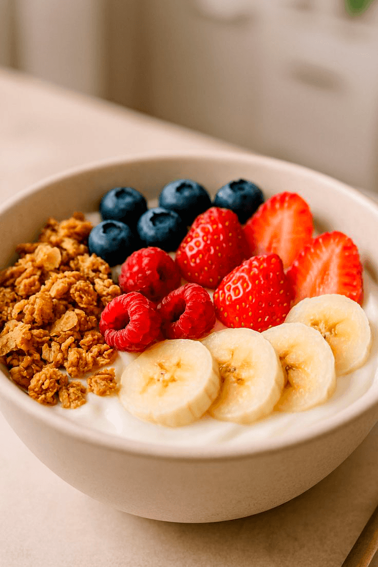 Lanche saudável para crianças: iogurte natural com frutas variadas