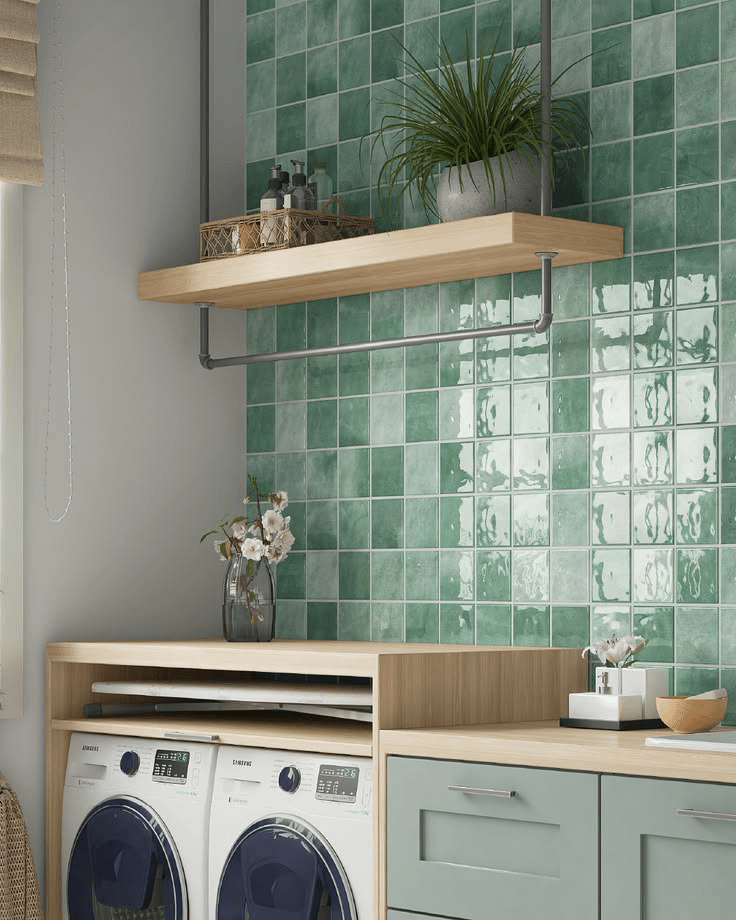 Toque de cor à parede da lavanderia para deixá-la melhor decorada