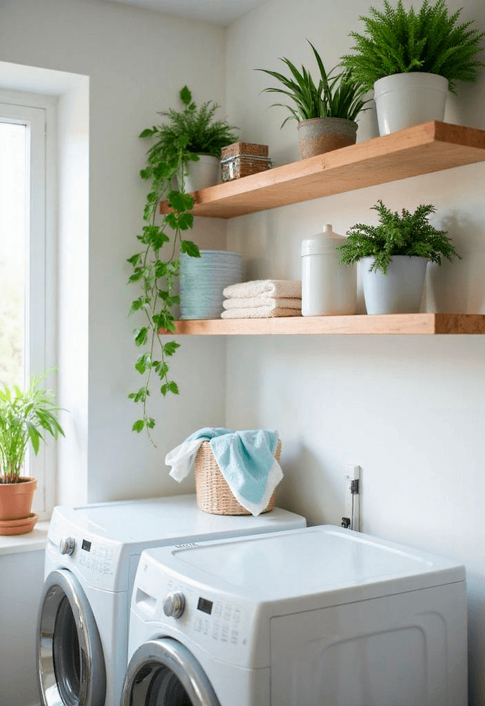 Lavanderia com plantas naturais suspensas na parede