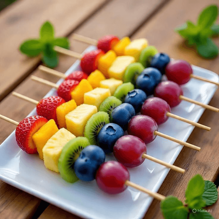 Espetinho colorido de frutas para o Dia das Crianças
