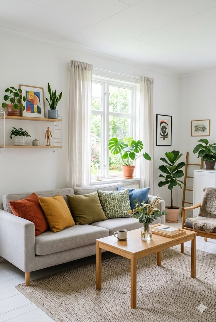 Sala de estar inspirada na primavera com flores e várias cores