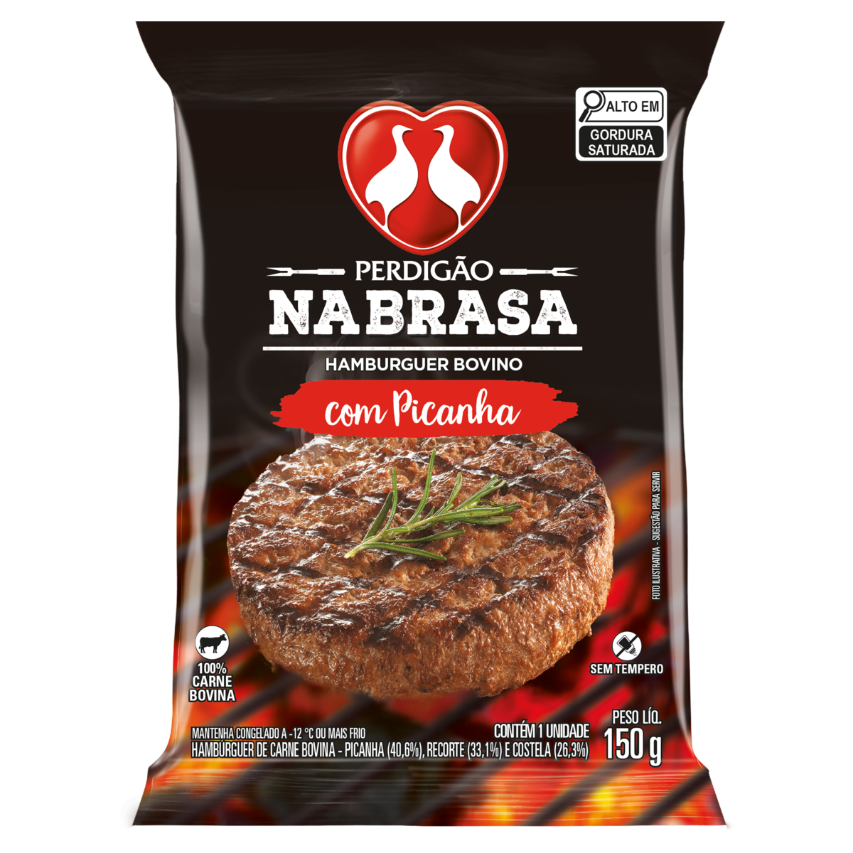 HAMBÚRGUER DE CARNE BOVINA PICANHA PERDIGÃO NA BRASA PACOTE 150G