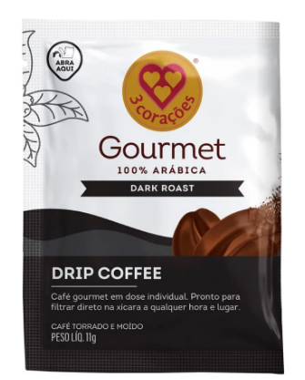 CAFÉ EM SACHÊ TORRADO E MOÍDO DRIP COFFEE FILTRADO 3 CORAÇÕES GOURMET DARK ROAST CAIXA 110G 10 UNIDADES
