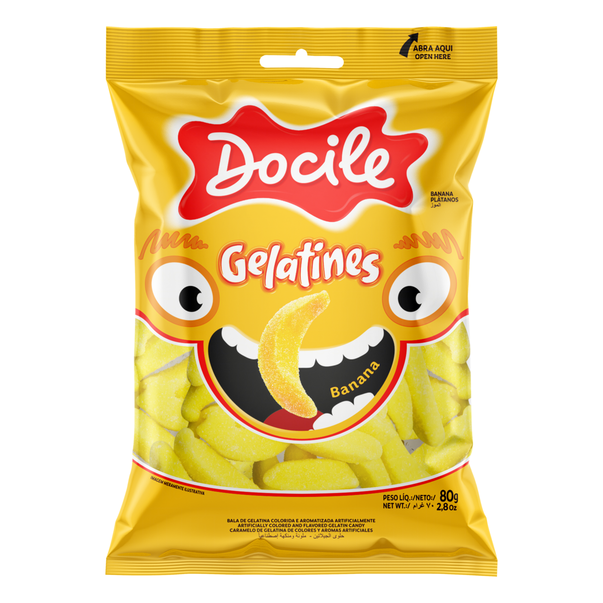 BALA DE GELATINA BANANA DOCILE GELATINES PACOTE 80G