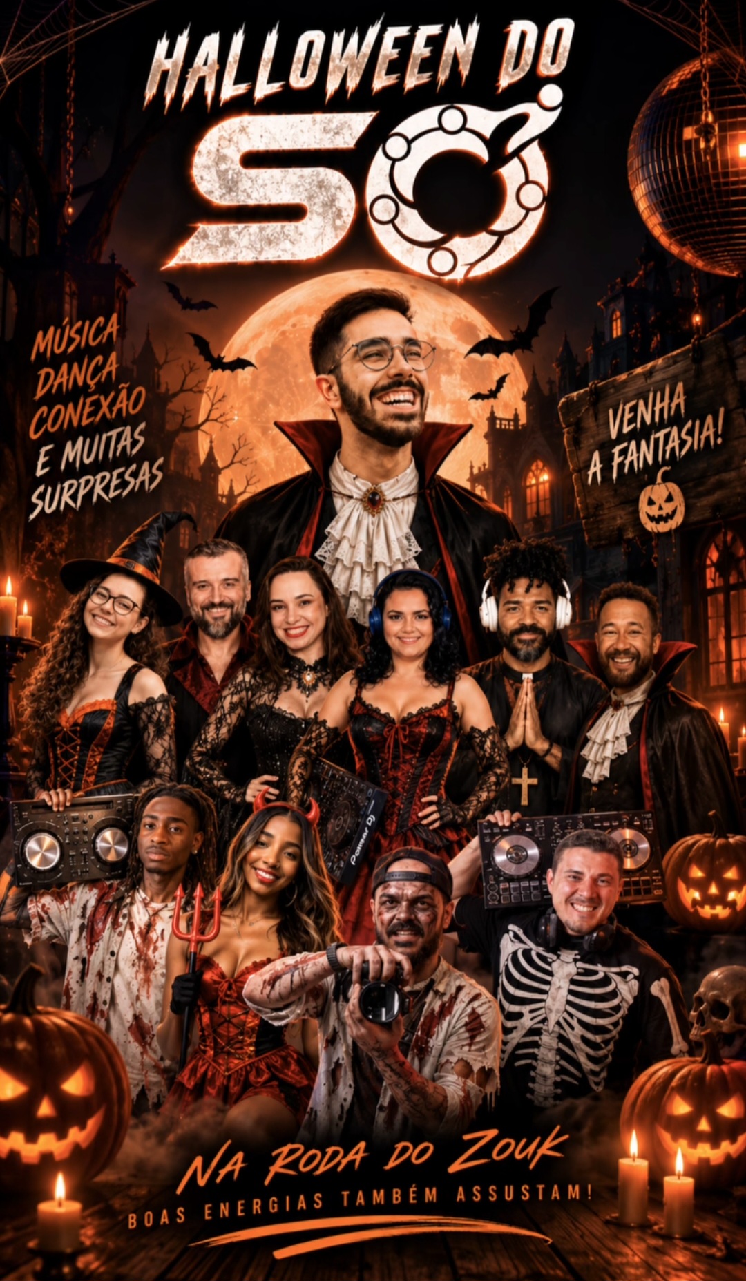 Halloween do Só na Roda do Zouk! Uma noite temática com música, dança, conexão e muitas surpresas.