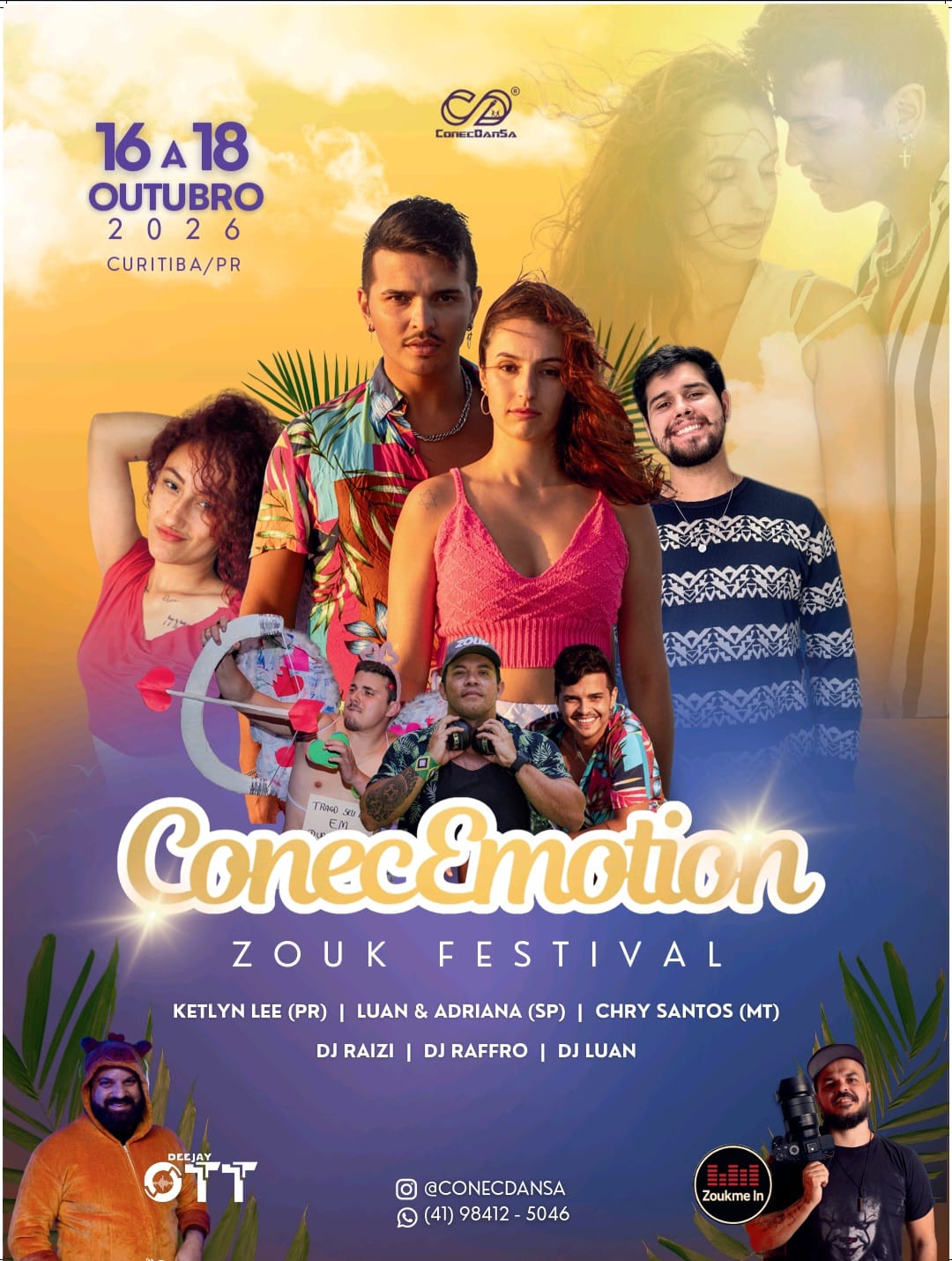 De 16 a 18 de outubro de 2026, Curitiba recebe o ConecEmotion Zouk Festival: aulas, festas e muita dança com grandes artistas e DJs!