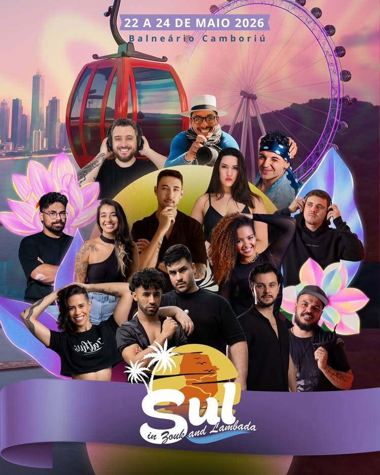 De 22 a 24 de maio de 2026, Balneário Camboriú recebe o Sul in Zouk and Lambada — três dias de workshops, festas e muita dança com artistas incríveis. Venha viver essa energia e evoluir no Zouk e na Lambada!